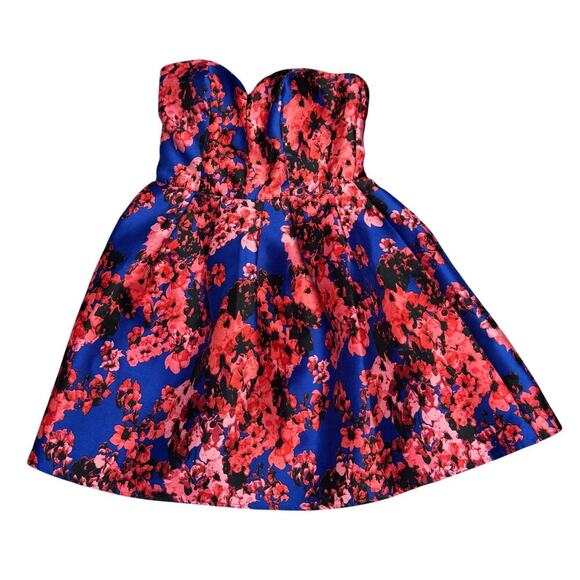 New B. Darlin Strapless Sweetheart Red Blue Floral Print Mini Dress Juniors 5/6 - Picture 2 of 10